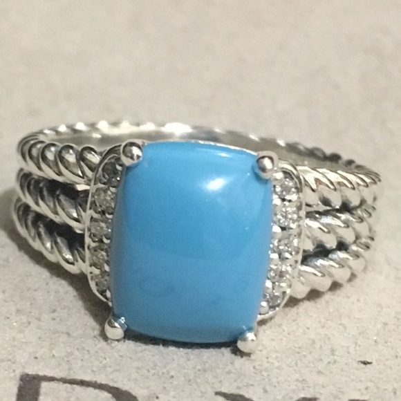 David Yurman Petite Wheaton 8x10mm Turquoise Sterling Silver  & Diamonds Size 6 - Picture 2 of 7